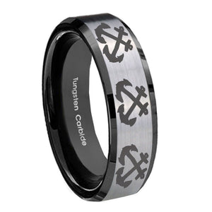 10mm Multiple Anchor Beveled Brushed Silver Black Tungsten Personalized Ring