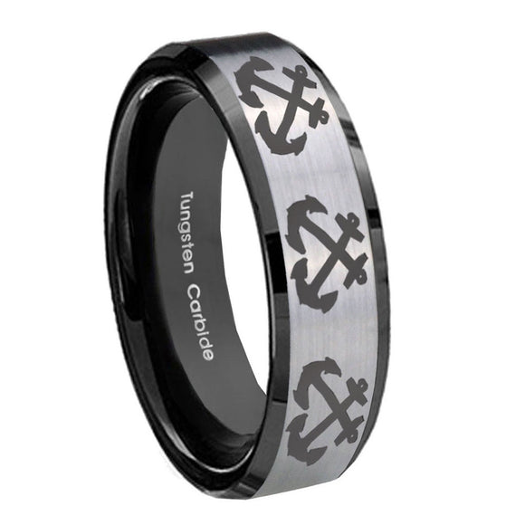 10mm Multiple Anchor Beveled Brushed Silver Black Tungsten Personalized Ring