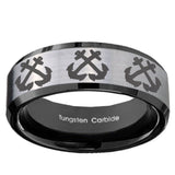 10mm Multiple Anchor Beveled Brushed Silver Black Tungsten Personalized Ring