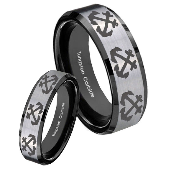 His Hers Multiple Anchor Beveled Brush Black 2 Tone Tungsten Men's Band Ring Set