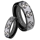 His Hers Multiple Anchor Beveled Brush Black 2 Tone Tungsten Men's Band Ring Set