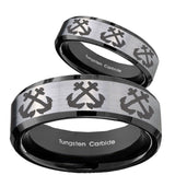 His Hers Multiple Anchor Beveled Brush Black 2 Tone Tungsten Men's Band Ring Set