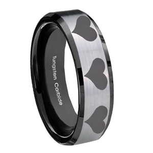 8mm Multiple Heart Beveled Brush Black 2 Tone Tungsten Wedding Engagement Ring