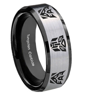 10mm Transformers Autobot Decepticon Beveled Brushed Silver Black Tungsten Engraved Ring