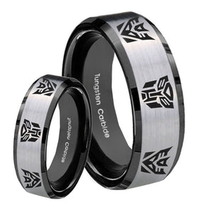 His Hers Transformers Autobot Decepticon Beveled Brush Black 2 Tone Tungsten Mens Ring Set