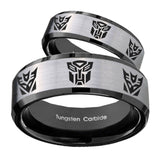 His Hers Transformers Autobot Decepticon Beveled Brush Black 2 Tone Tungsten Mens Ring Set