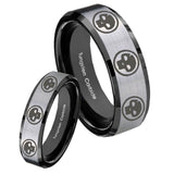 His Hers Multiple Skull Beveled Brush Black 2 Tone Tungsten Mens Ring Set