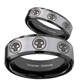 His Hers Multiple Skull Beveled Brush Black 2 Tone Tungsten Mens Ring Set