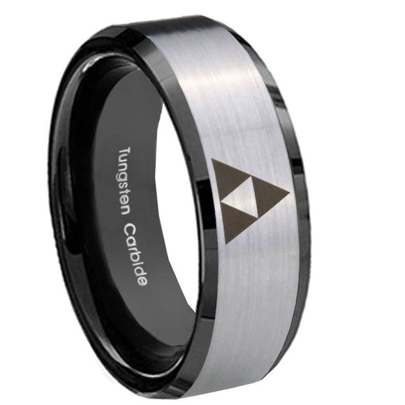 10mm Zelda Triforce Beveled Brushed Silver Black Tungsten Men's Promise Rings