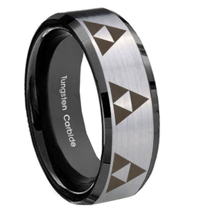 8mm Multiple Zelda Triforce Beveled Edges Brush Black 2 Tone Tungsten Mens Ring