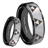 8mm Multiple Zelda Triforce Beveled Edges Brush Black 2 Tone Tungsten Mens Ring