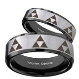 His Hers Multiple Zelda Triforce Beveled Brush Black 2 Tone Tungsten Rings Set