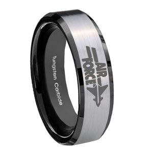 8MM Silver Black Bevel Edges Air Force Tungsten 2 Tone Laser Engraved Ring