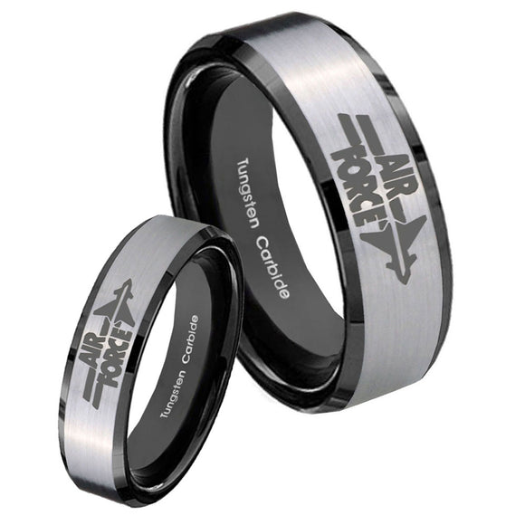 His Hers Silver Black Air Force 2 Tone Tungsten Carbide Wedding Rings Set