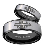 His Hers Silver Black Air Force 2 Tone Tungsten Carbide Wedding Rings Set