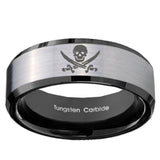 10mm Skull Pirate Beveled Brushed Silver Black Tungsten Custom Ring for Men