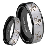 8mm Multiple Skull Pirate Beveled Brush Black 2 Tone Tungsten Mens Promise Ring