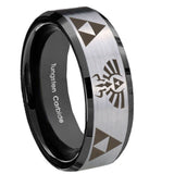 10mm Legend of Zelda Beveled Edges Brushed Silver Black Tungsten Engraved Ring