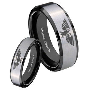 His Hers Aquila Beveled Edges Brush Black 2 Tone Tungsten Mens Promise Ring Set