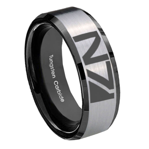 10mm N7 Design Beveled Brushed Silver Black Tungsten Custom Mens Ring
