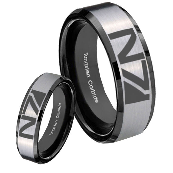 His Hers N7 Design Beveled Brush Black 2 Tone Tungsten Mens Ring Set