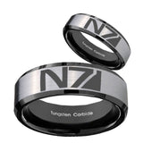 His Hers N7 Design Beveled Brush Black 2 Tone Tungsten Mens Ring Set