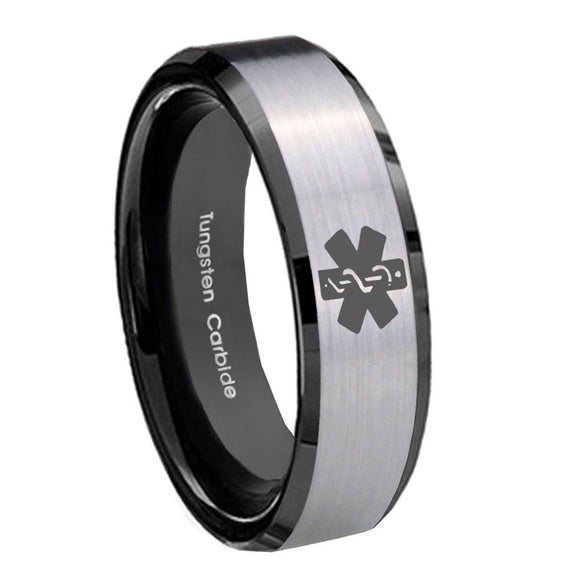 10mm Medical Alert Beveled Brushed Silver Black Tungsten Men's Engagement Band