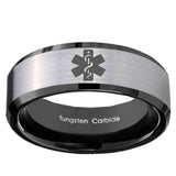 10mm Medical Alert Beveled Brushed Silver Black Tungsten Men's Engagement Band