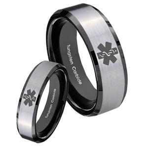 His Hers Medical Alert Beveled Brush Black 2 Tone Tungsten Custom Ring Set