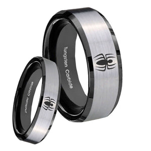 His Hers Spiderman Beveled Edges Brush Black 2 Tone Tungsten Rings Set