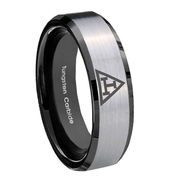 10mm Masonic Triple Beveled Edges Brushed Silver Black Tungsten Rings for Men