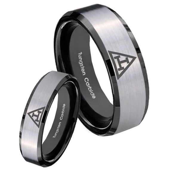 His Hers Masonic Triple Beveled Brush Black 2 Tone Tungsten Ring Set