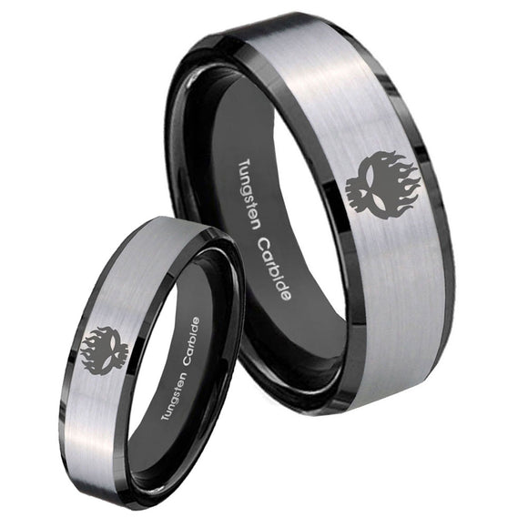 His Hers Offspring Beveled Brush Black 2 Tone Tungsten Engraving Ring Set