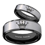 His Hers Crown Beveled Edges Brush Black 2 Tone Tungsten Men's Bands Ring Set