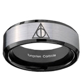 10mm Deathly Hallows Beveled Brushed Silver Black Tungsten Men's Engagement Band