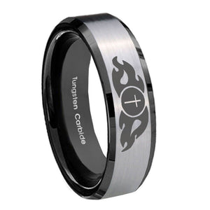 10mm Flamed Cross Beveled Brushed Silver Black Tungsten Wedding Bands Ring