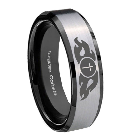 8mm Flamed Cross Beveled Edges Brush Black 2 Tone Tungsten Carbide Bands Ring