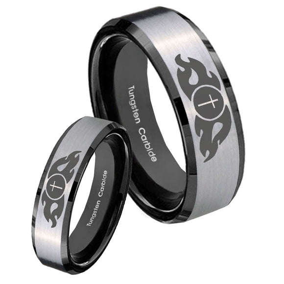 His Hers Flamed Cross Beveled Brush Black 2 Tone Tungsten Men Rings Set