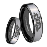 8mm Flamed Cross Beveled Edges Brush Black 2 Tone Tungsten Carbide Bands Ring