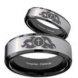 His Hers Flamed Cross Beveled Brush Black 2 Tone Tungsten Men Rings Set