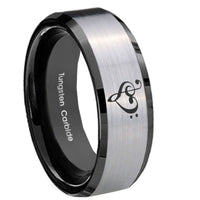 8mm Music & Heart Beveled Edges Brush Black 2 Tone Tungsten Men's Promise Rings