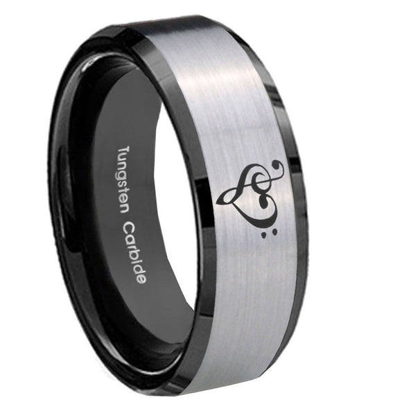 10mm Music & Heart Beveled Edges Brushed Silver Black Tungsten Men's Band Ring