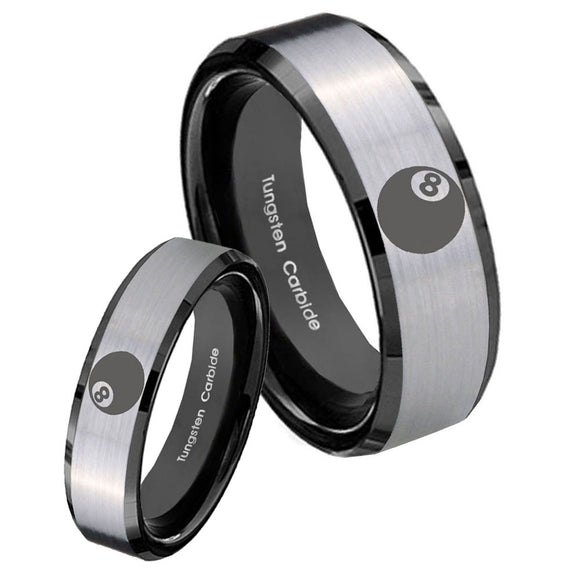 His Hers 8 Ball Beveled Edges Brush Black 2 Tone Tungsten Engagement Ring Set