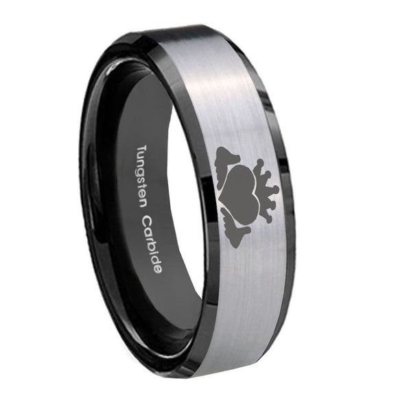 8mm Claddagh Design Beveled Brush Black 2 Tone Tungsten Men's Wedding Ring
