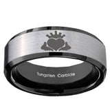 10mm Claddagh Design Beveled Brushed Silver Black Tungsten Men's Engagement Ring