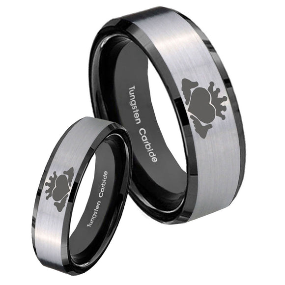 His Hers Claddagh Design Beveled Brush Black 2 Tone Tungsten Engraved Ring Set