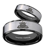 His Hers Claddagh Design Beveled Brush Black 2 Tone Tungsten Engraved Ring Set