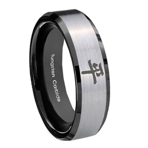 10mm Kanji Peace Beveled Edges Brushed Silver Black Tungsten Mens Promise Ring