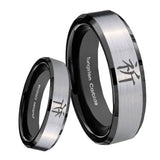 8mm Kanji Prayer Beveled Edges Brush Black 2 Tone Tungsten Engagement Ring