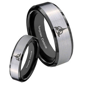 His Hers Klingon Beveled Edges Brush Black 2 Tone Tungsten Ring Set